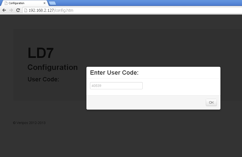 Enter the 5 digit User Code from the front of the unit and click OK: